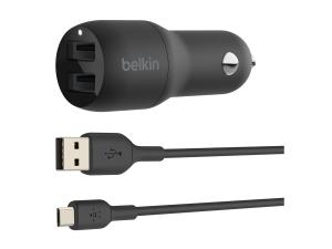 Belkin BOOST CHARGE Double chargeur - Adaptateur d'alimentation pour voiture - 24 Watt - 4.8 A - 2 connecteurs de sortie (USB) - sur le câble : Micro-USB - noir - CCE002BT1MBK - Adaptateurs électriques et chargeurs