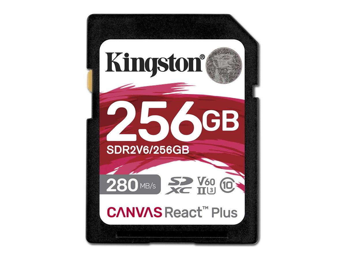 Kingston Canvas React Plus - Carte mémoire flash - 256 Go - Video Class V60 / UHS-II U3 / Class10 - SDXC UHS-II - SDR2V6/256GB - Cartes flash