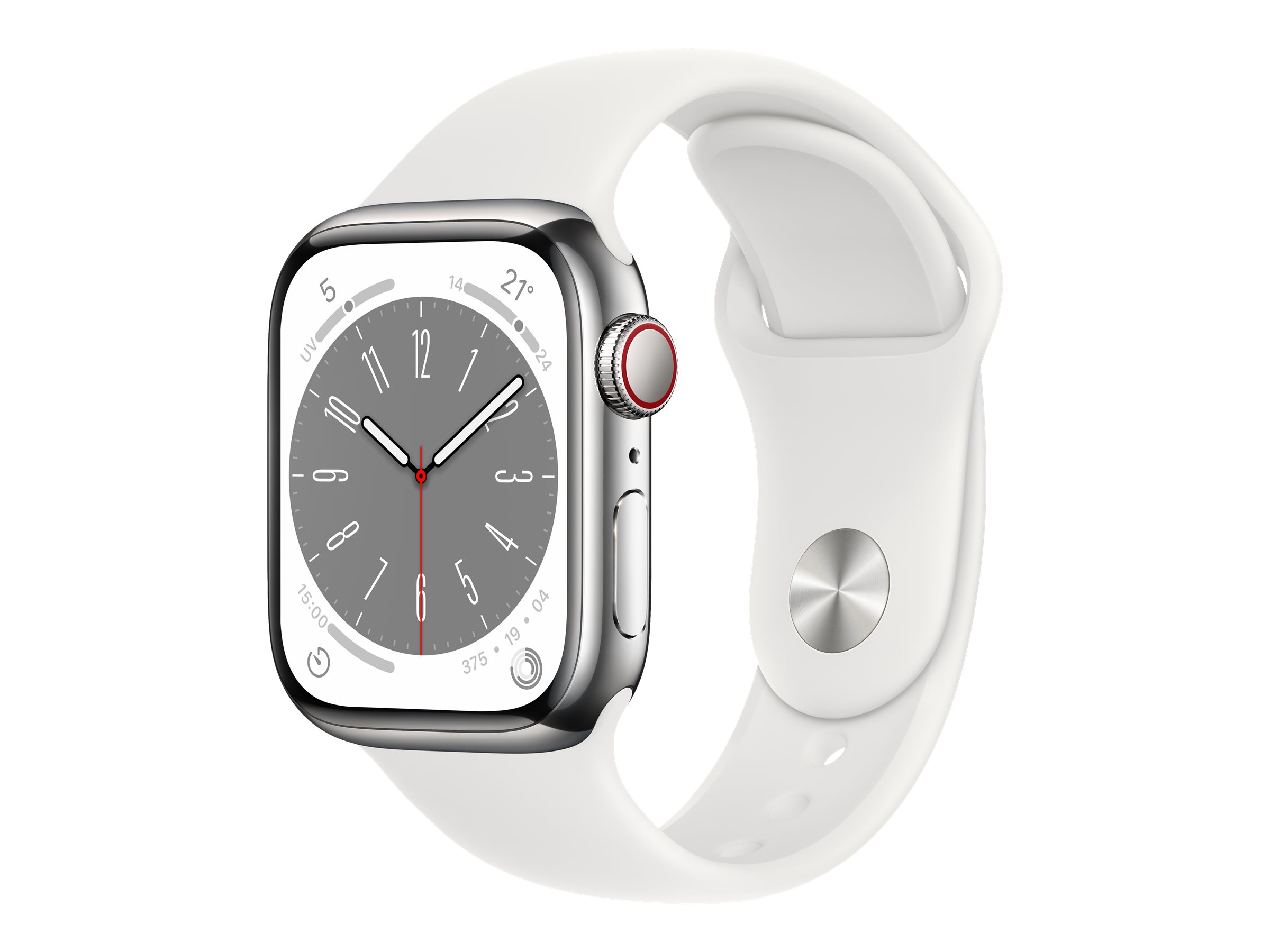 Apple Watch Series 8 (GPS + Cellular) - 41 mm - acier inoxydable argent - montre intelligente avec bande sport - fluoroélastomère - blanc - taille du bracelet : Normal - 32 Go - Wi-Fi, LTE, Bluetooth, UWB - 4G - 42.3 g - MNJ53NF/A - Montres intelligentes