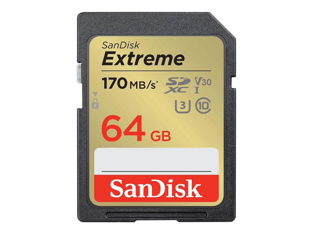 SanDisk Extreme - Carte mémoire flash - 64 Go - Video Class V30 / UHS-I U3 / Class10 - SDXC UHS-I - SDSDXV2-064G-GNCIN - Cartes flash
