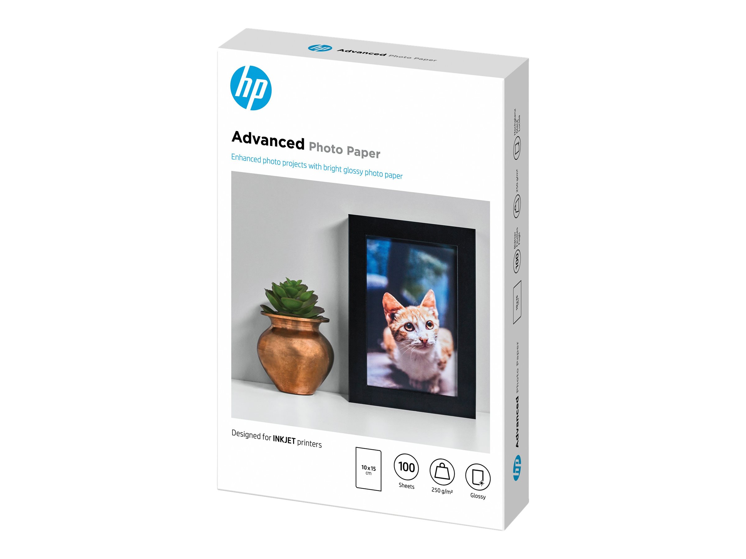 HP Advanced Glossy Photo Paper - Brillant - 100 x 150 mm - 250 g/m² - 100 feuille(s) papier photo - pour ENVY 50XX, 76XX; ENVY Inspire 7920; Officejet 52XX, 80XX; Photosmart B110, Wireless B110 - Q8692A - Papier photo