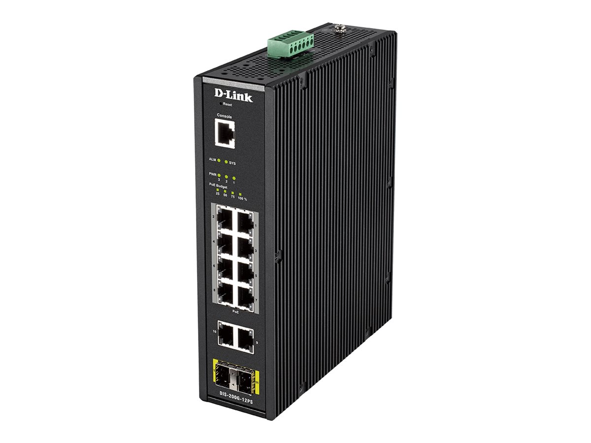 D-Link DIS 200G-12PS - Commutateur - Géré - 10 x 10/100/1000 (8 PoE+) + 2 x SFP - Montage sur rail DIN, fixation murale - PoE+ (240 W) - CA 120/230 V / CC 46 - 54 V - DIS-200G-12PS - Concentrateurs et commutateurs gigabit