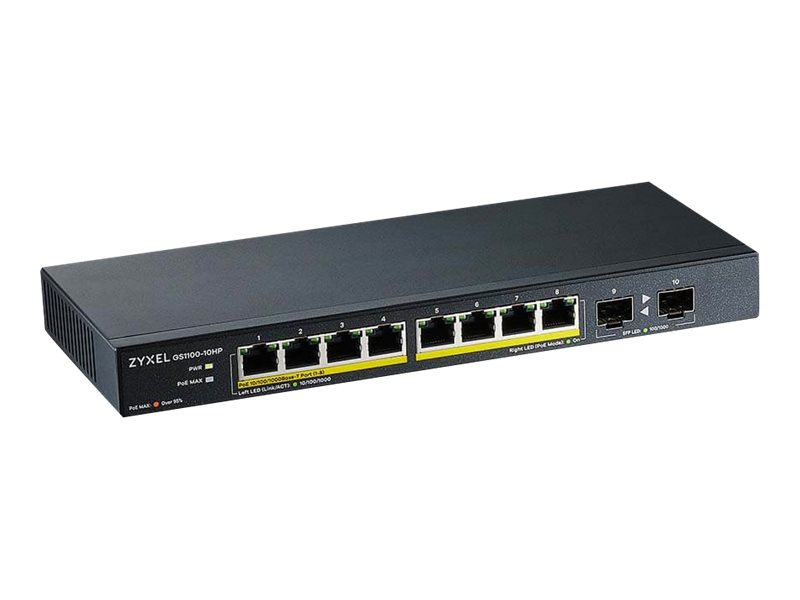 Zyxel GS1100-10HP - Commutateur - non géré - 8 x 10/100/1000 (PoE+) + 2 x Gigabit SFP - de bureau, fixation murale - PoE+ (130 W) - GS1100-10HP-EU0102F - Concentrateurs et commutateurs gigabit