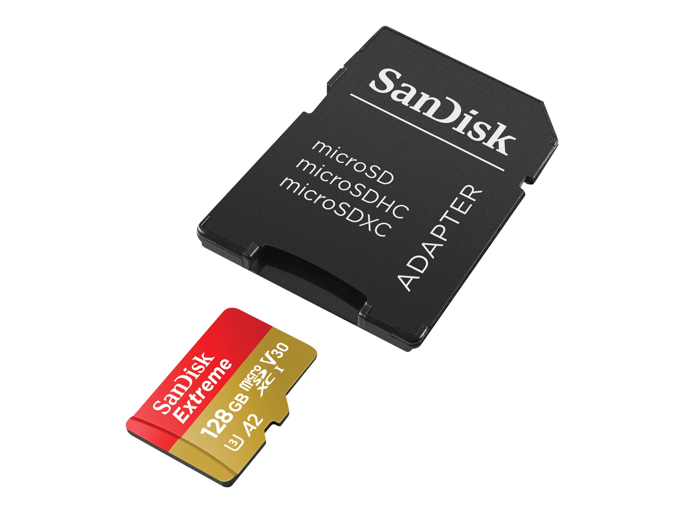 SanDisk Extreme - Carte mémoire flash (adaptateur microSDXC vers SD inclus(e)) - 128 Go - A2 / Video Class V30 / UHS-I U3 / Class10 - microSDXC UHS-I - SDSQXAA-128G-GN6AA - Cartes flash