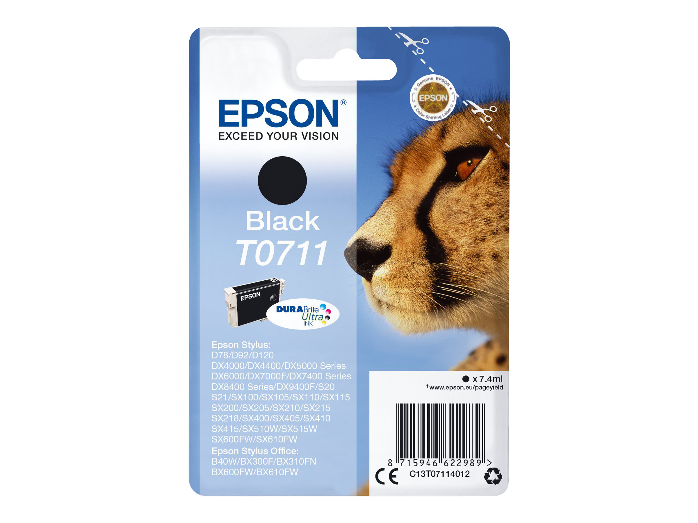 Epson T0711 - 7 ml - noir - original - emballage coque avec alarme radioélectrique - cartouche d'encre - pour Stylus DX4400, DX4450, S20, S21, SX100, SX110, SX115; Stylus Office B40W - C13T07114022 - Cartouches d'imprimante