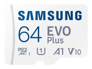 Samsung EVO Plus MB-MC64KA - Carte mémoire flash (adaptateur microSDXC vers SD inclus(e)) - 64 Go - A1 / Video Class V10 / UHS-I U1 / Class10 - microSDXC UHS-I - blanc - MB-MC64KA/EU - Cartes flash