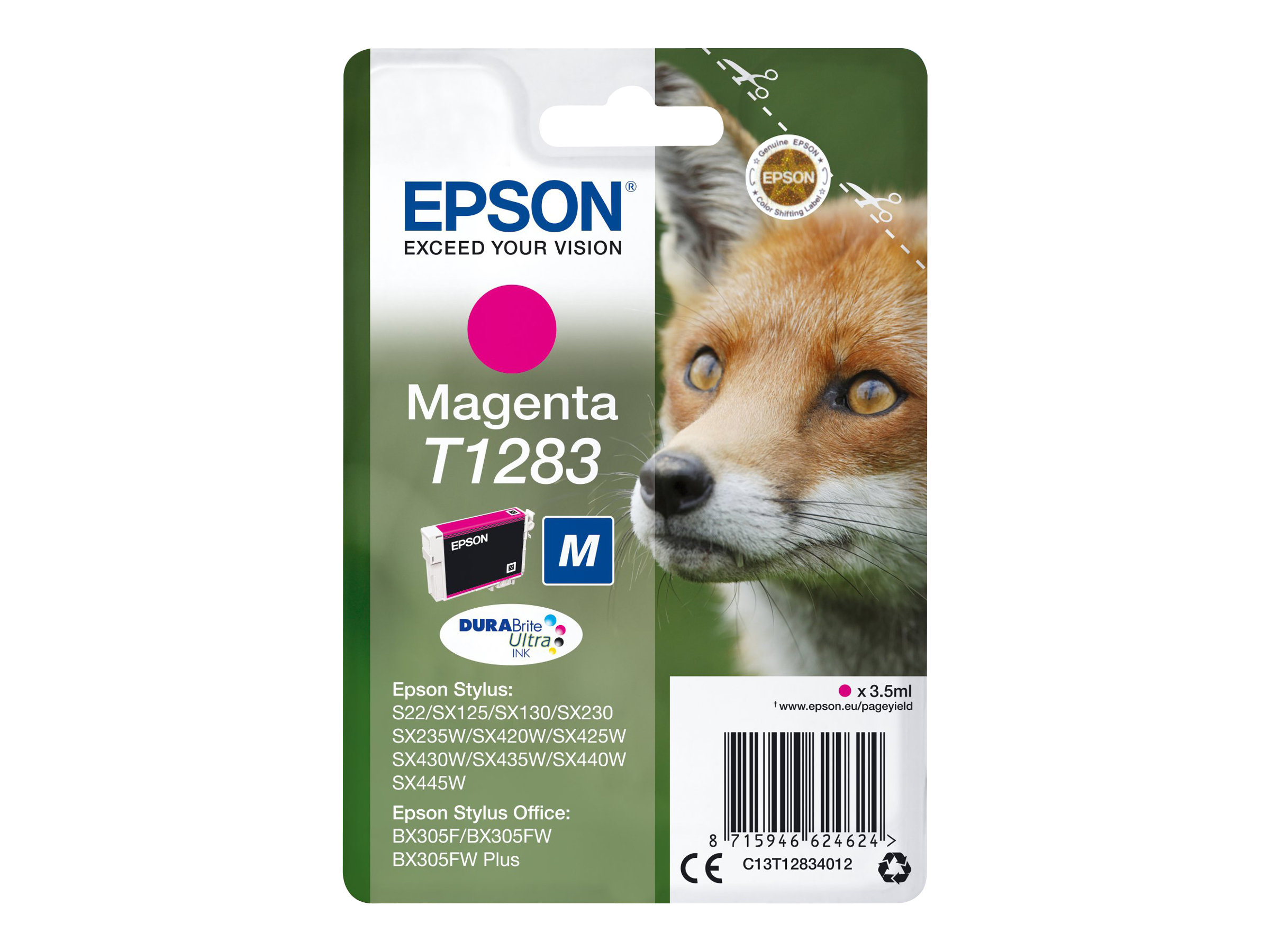 Epson T1283 - 3.5 ml - taille M - magenta - original - blister - cartouche d'encre - pour Stylus S22, SX130, SX230, SX235, SX430, SX435, SX438, SX440, SX445; Stylus Office BX305 - C13T12834012 - Cartouches d'imprimante