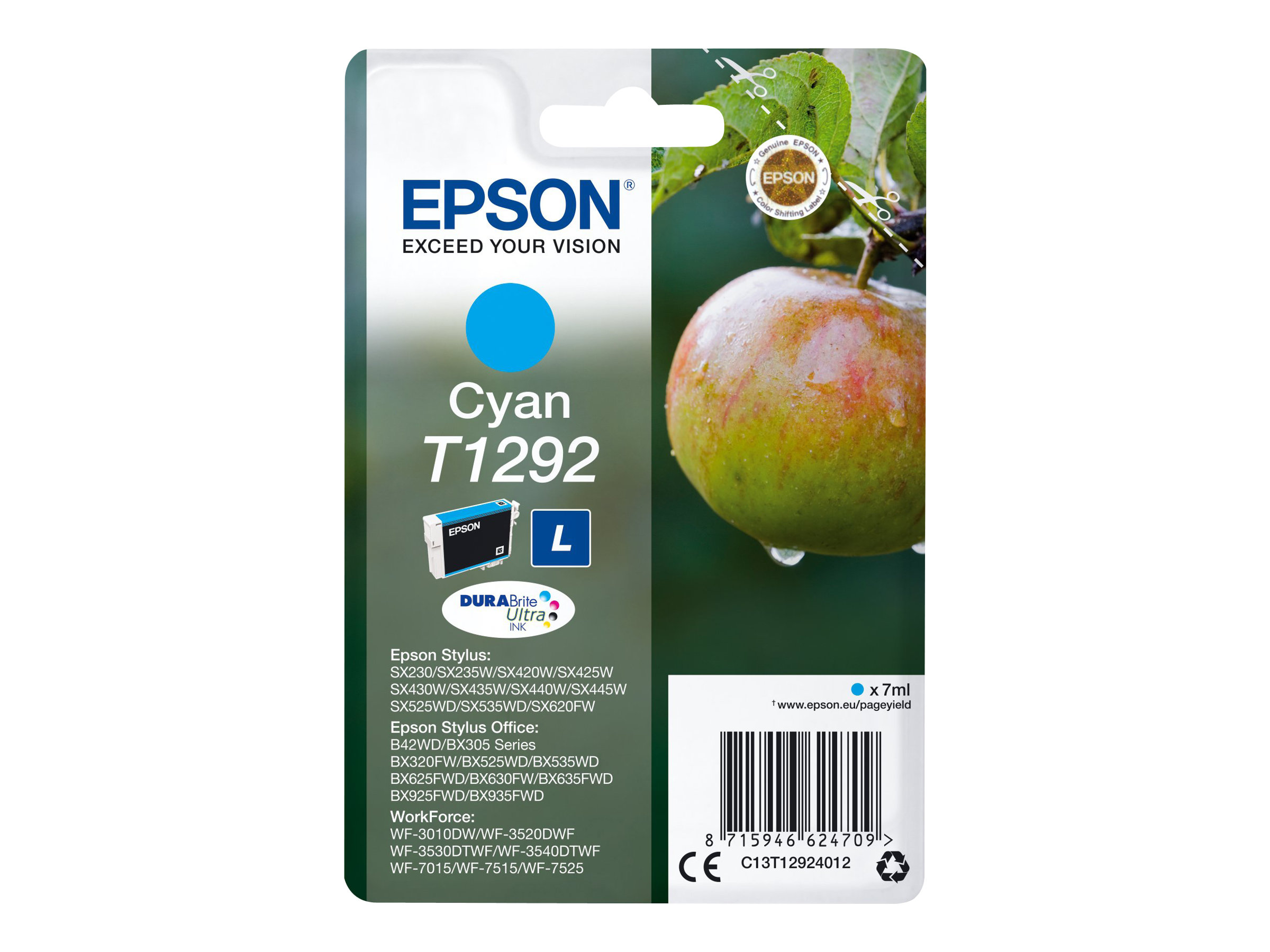 Epson T1292 - 7 ml - taille L - cyan - original - blister - cartouche d'encre - pour Stylus SX230, SX235, SX430, SX438; WorkForce WF-3010, 3520, 3530, 3540, 7015, 7515, 7525 - C13T12924012 - Cartouches d'encre Epson