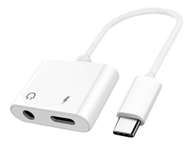 DLH - USB-C vers jack de casque / adaptateur de charge - 24 pin USB-C mâle pour USB-C (alimentation uniquement), prise audio de 3,5 mm femelle - 11 cm - blanc - DY-TU4950W - Câbles spéciaux