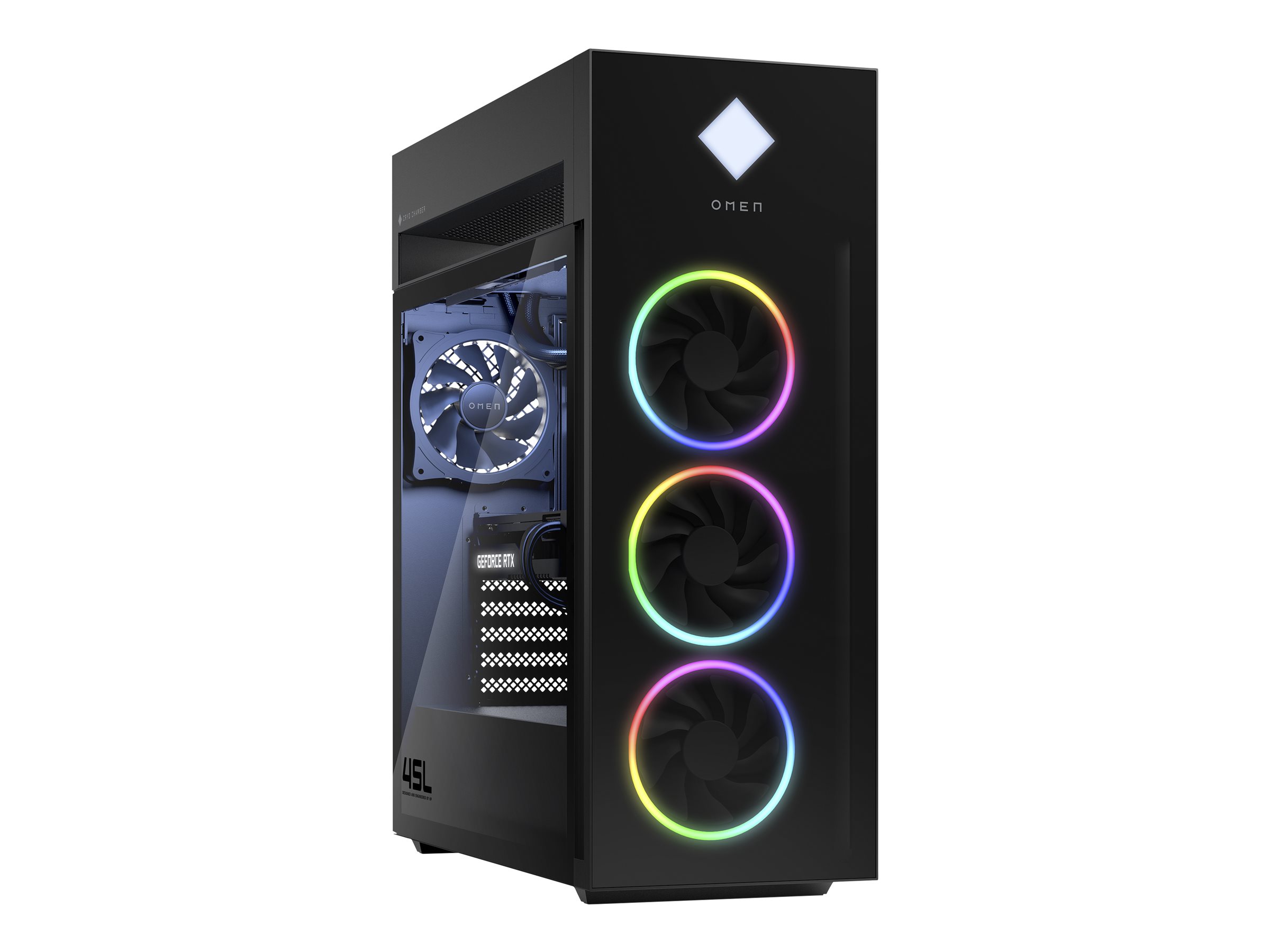 OMEN 45L by HP GT22-2071nf - microATX jeux - Core i9 i9-14900K / jusqu'à 6 GHz - RAM 32 Go - SSD 2 To - TLC - GeForce RTX 4070 Super - Gigabit Ethernet, IEEE 802.11ax (Wi-Fi 6E), Bluetooth 5.3 - Win 11 Home - moniteur : aucun - noir, logo chrome foncé, finition peinte (capots latéraux et supérieurs), verre noir trempé (couvercle avant) - AW0X6EA#ABF - Ordinateurs de bureau