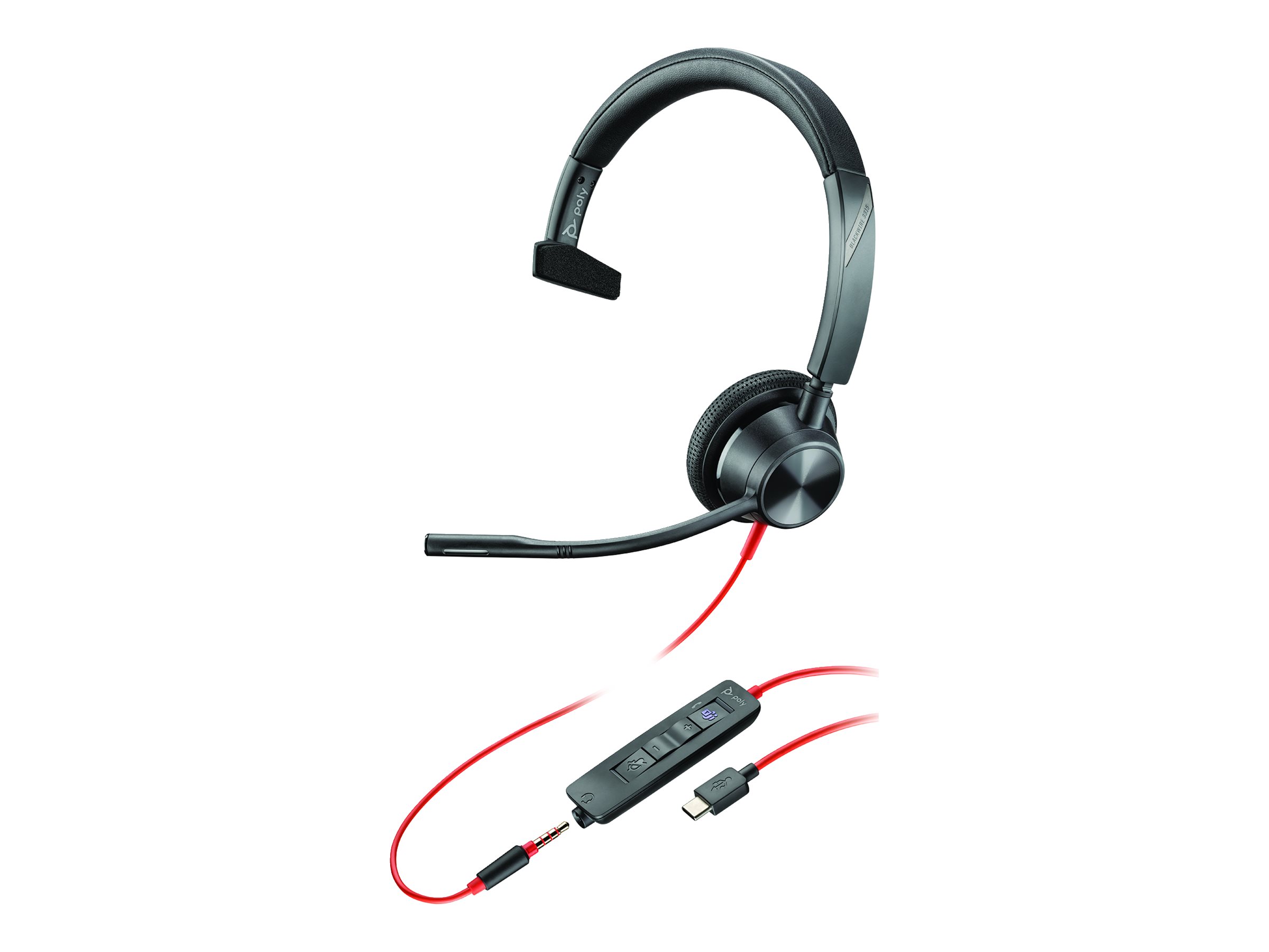 Poly Blackwire 3315-M - Blackwire 3300 series - micro-casque - sur-oreille - filaire - jack 3,5mm, USB-C - noir - Certifié pour Microsoft Teams - 76J15AA - Écouteurs