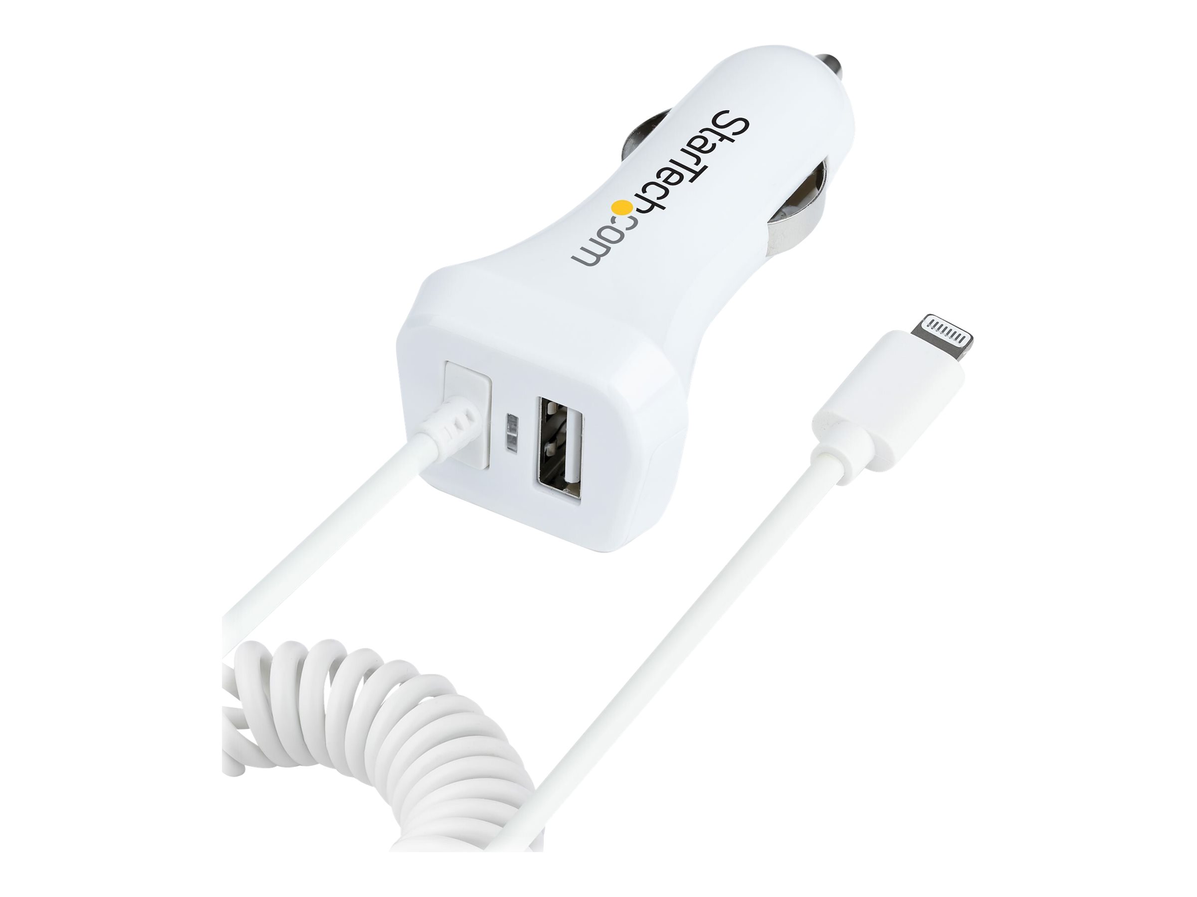 StarTech.com Lightning Car Charger with 1m Coiled Lightning Cable, 12W, White, 2 Port USB Car Charger Adapter for Phones and Tablets, In Car Apple iPhone/iPad Charger w/ Built-in Cord - Dual USB Car Charger (USBLT2PCARW2) - Adaptateur d'alimentation pour voiture - 12 Watt - 4.2 A - 2 connecteurs de sortie (USB, Lightning) - blanc - USBLT2PCARW2 - Adaptateurs électriques et chargeurs