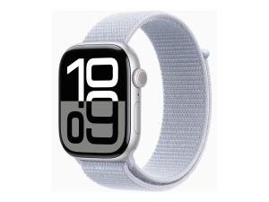 Apple Watch Series 10 (GPS + Cellular) - 46 mm - aluminium argenté - montre intelligente avec boucle sport - deux couches de matières textiles tissées - nuage bleu - taille du poignet : 130-200 mm - 64 Go - LTE, Wi-Fi 4, UWB, Bluetooth - 4G - 35.3 g - MWY23QF/A - Montres intelligentes