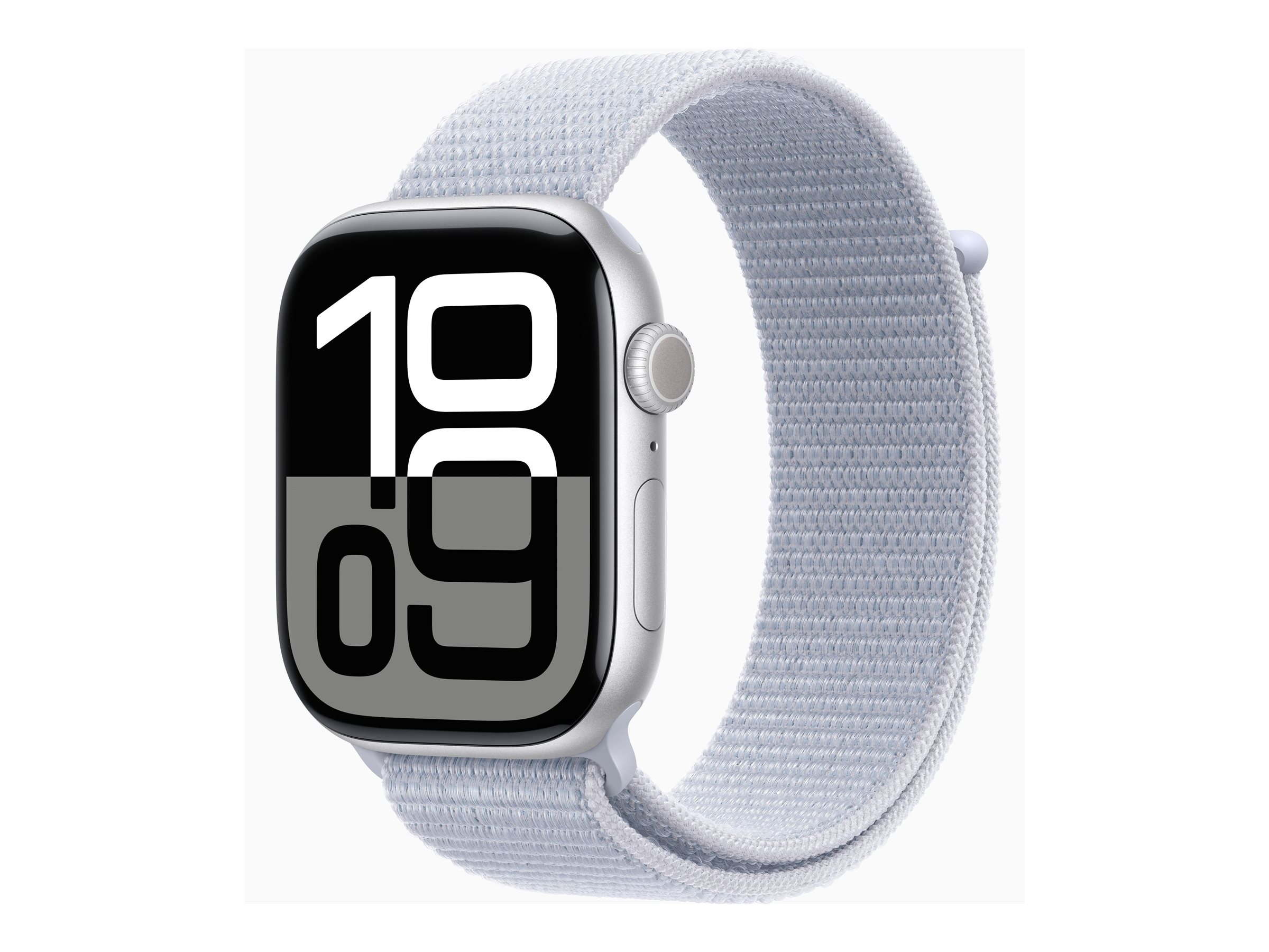 Apple Watch Series 10 (GPS + Cellular) - 46 mm - aluminium argenté - montre intelligente avec boucle sport - deux couches de matières textiles tissées - nuage bleu - taille du poignet : 130-200 mm - 64 Go - LTE, Wi-Fi 4, UWB, Bluetooth - 4G - 35.3 g - MWY23QF/A - Montres intelligentes