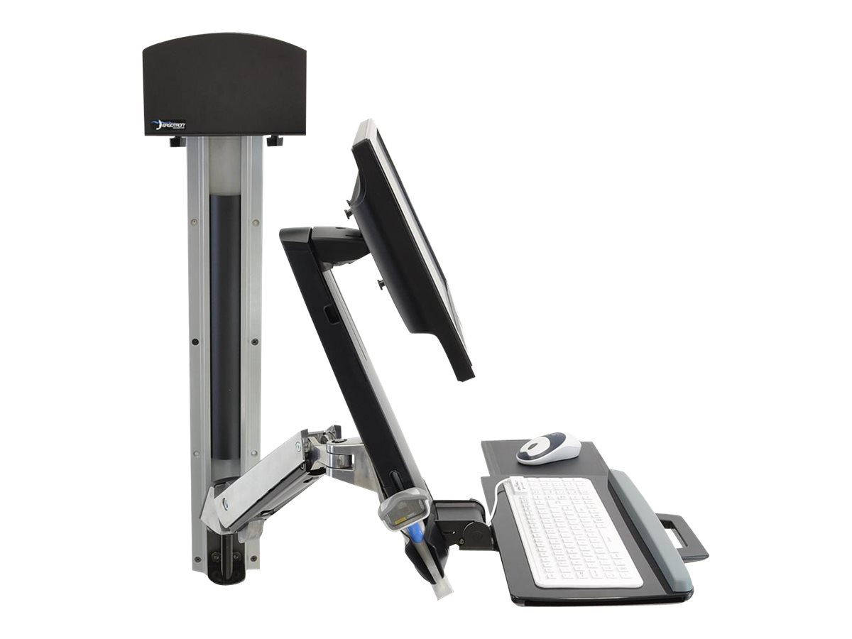 Ergotron Système Sit-Stand Combo - Kit de montage (support d'unité centrale, 2 protections de fixation, 2 chaînes de câble, repose-poignets, bras de moniteur réglable, support de montage VESA, rail mural 34 pouces, processeur et kits de support de bras de montage sur rail, plateau de clavier avec plateau de souris gauche/droite, support pour scanner de code barres et souris, bras combiné) - pour écran LCD/équipement PC - petit support de CPU - aluminium, plastique haute qualité - aluminium poli - Taille d'écran : jusqu'à 24 pouces - 45-273-026 - Accessoires pour scanner