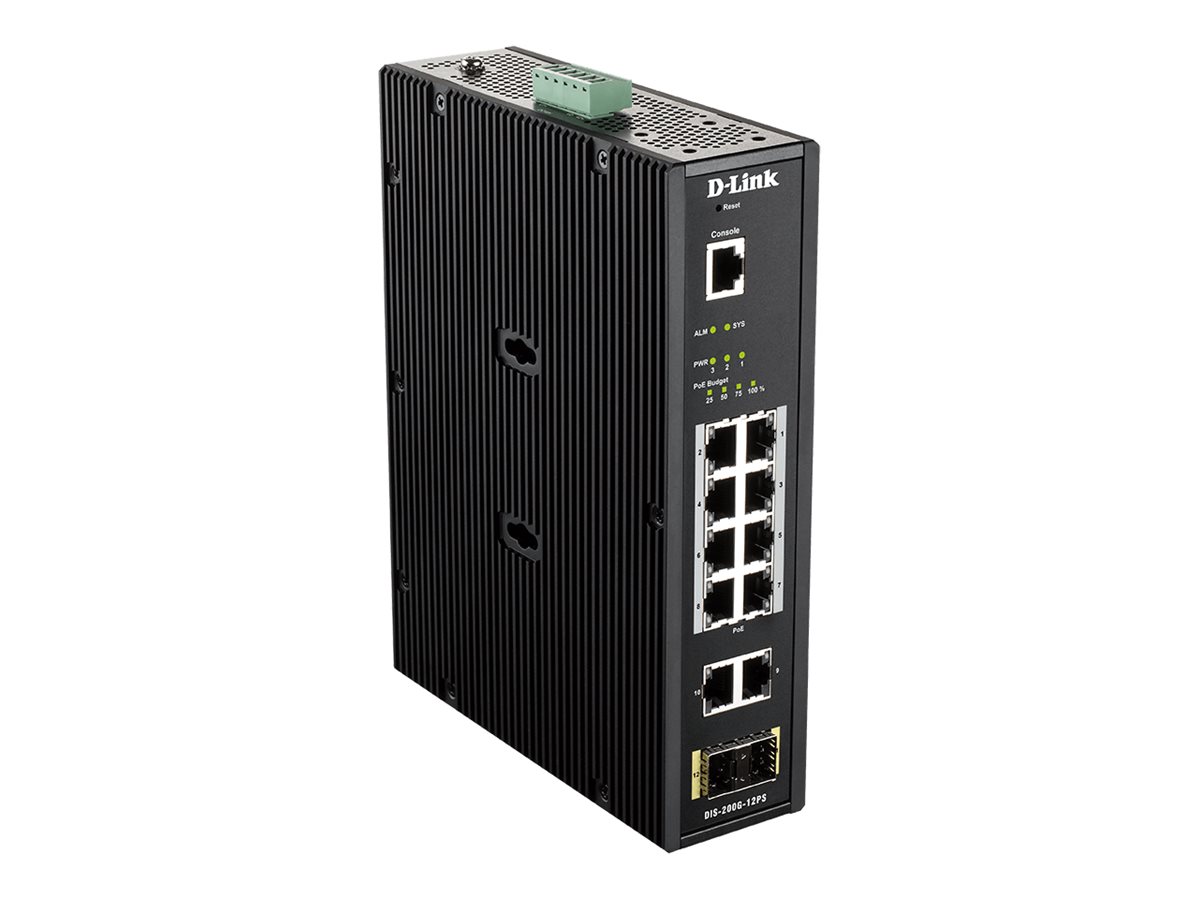 D-Link DIS 200G-12PS - Commutateur - Géré - 10 x 10/100/1000 (8 PoE+) + 2 x SFP - Montage sur rail DIN, fixation murale - PoE+ (240 W) - CA 120/230 V / CC 46 - 54 V - DIS-200G-12PS - Concentrateurs et commutateurs gigabit