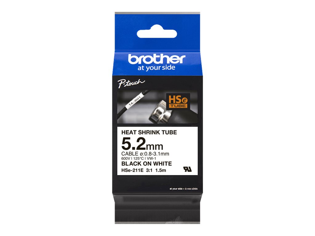 Brother HSe-211E - Noir sur blanc - Rouleau (0,52 cm x 1,5 m) 1 cassette(s) boîte de suspension - ruban thermorétractable - pour P-Touch PT-D800W, PT-E300, PT-E300VP, PT-E550WVP, PT-P700, PT-P750W, PT-P900W, PT-P950NW - HSE211E - Rouleaux de papier