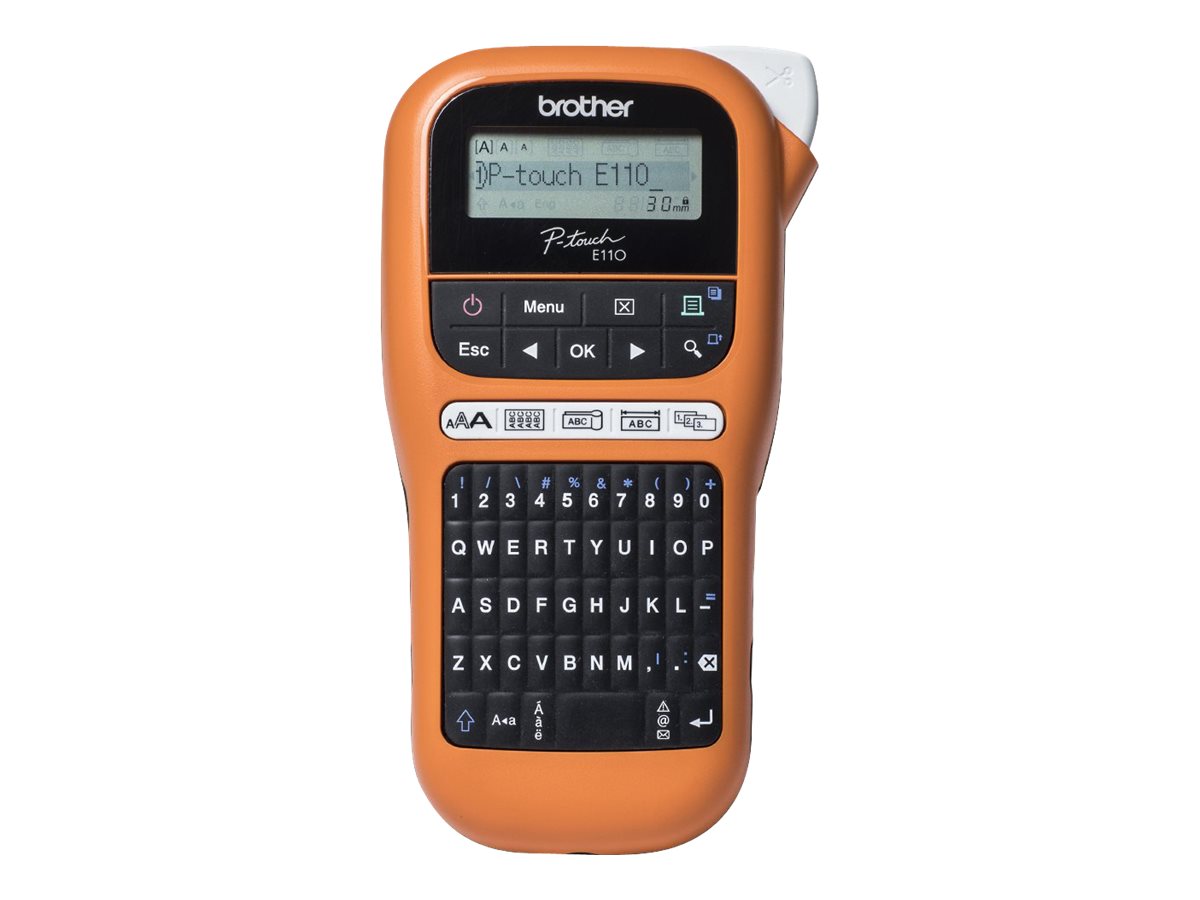 Brother P-Touch PT-E110VP - Étiqueteuse - Noir et blanc - transfert thermique - Rouleau (1,2 cm) - 180 dpi - jusqu'à 20 mm/sec - outil de coupe - impression par 2 lignes - noir, orange - PTE110VPYP1 - Imprimantes thermiques
