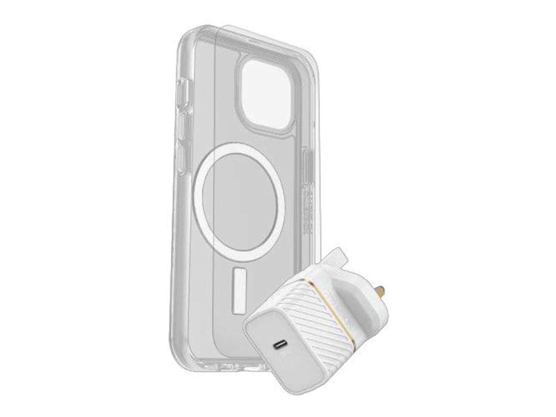 OtterBox Symmetry Series - Coque de protection pour téléphone portable - compatibilité avec MagSafe - clair - avec protection d'écran en verre de qualité supérieure et chargeur mural à charge rapide USB-C 30W - pour Apple iPhone 15 - 78-81253 - Coques et étuis pour téléphone portable