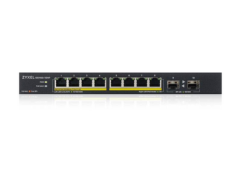 Zyxel GS1100-10HP - Commutateur - non géré - 8 x 10/100/1000 (PoE+) + 2 x Gigabit SFP - de bureau, fixation murale - PoE+ (130 W) - GS1100-10HP-EU0102F - Concentrateurs et commutateurs gigabit