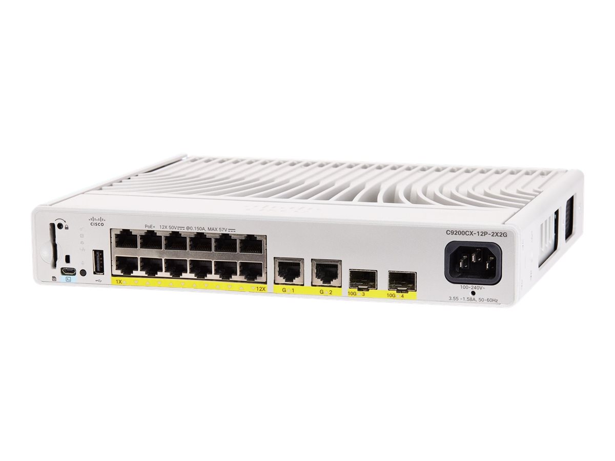 Cisco Catalyst 9200CX - Network Essentials - commutateur - compact - C3 - Géré - 12 x 10/100/1000 (PoE+) + 2 x 1000Base-T + 2 x SFP+ 10 Go (liaison montante) - Montable sur rack - PoE+ (240 W) - C9200CX-12P-2XGH-E - Concentrateurs et commutateurs gigabit