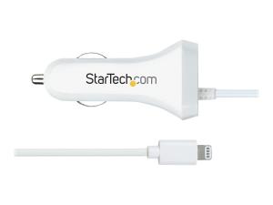 StarTech.com Lightning Car Charger with 1m Coiled Lightning Cable, 12W, White, 2 Port USB Car Charger Adapter for Phones and Tablets, In Car Apple iPhone/iPad Charger w/ Built-in Cord - Dual USB Car Charger (USBLT2PCARW2) - Adaptateur d'alimentation pour voiture - 12 Watt - 4.2 A - 2 connecteurs de sortie (USB, Lightning) - blanc - USBLT2PCARW2 - Adaptateurs électriques et chargeurs
