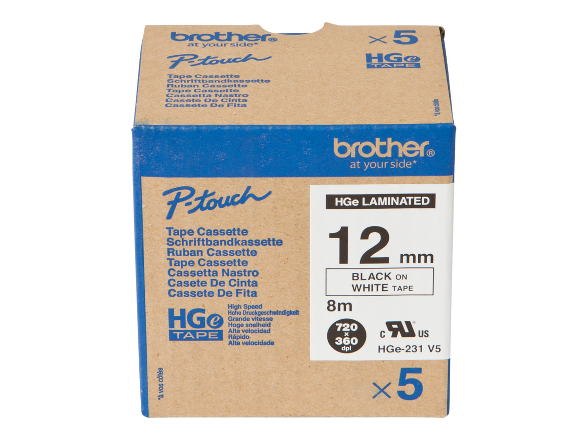 Brother HGE-231V5 - Noir sur blanc - Rouleau (1,2 cm x 8 m) 5 cassette(s) ruban laminé - pour P-Touch PT-9500pc, PT-9700PC, PT-9800PCN; P-Touch R RL-700S - HGE231V5 - Rouleaux de papier