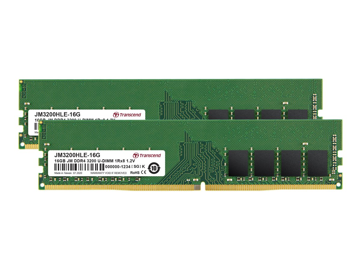 Transcend JetRAM - DDR4 - kit - 32 Go: 2 x 16 Go - DIMM 288 broches - 3200 MHz / PC4-25600 - CL22 - 1.2 V - mémoire sans tampon - non ECC - JM3200HLE-32GK - DDR4