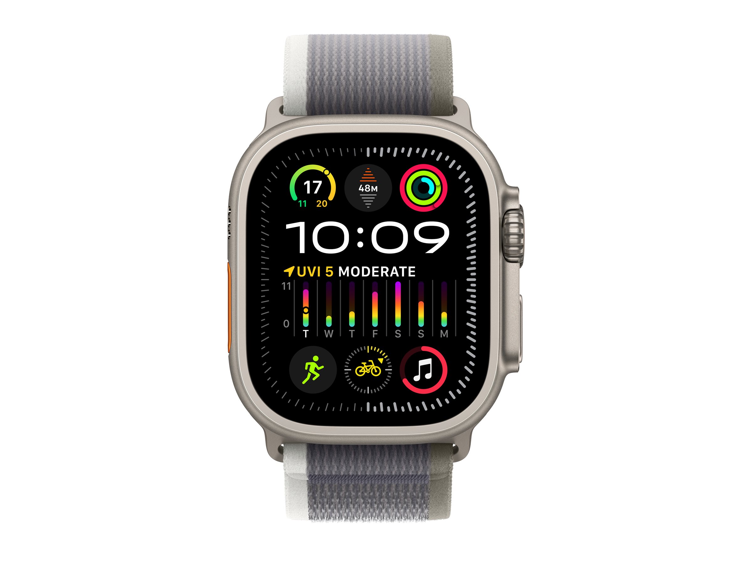 Apple Watch Ultra 2 - 49 mm - titane - montre intelligente avec Boucle Trail - tissage en nylon - vert/gris - taille du bracelet : S/M - 64 Go - Wi-Fi, LTE, UWB, Bluetooth - 4G - 61.4 g - MRF33NF/A - Montres intelligentes