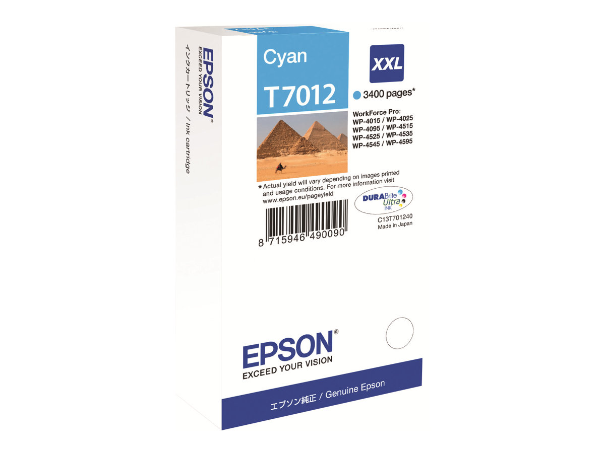 Epson T7012 - 34.2 ml - taille XXL - cyan - original - blister - cartouche d'encre - pour WorkForce Pro WP-4015 DN, WP-4095 DN, WP-4515 DN, WP-4525 DNF, WP-4595 DNF - C13T70124010 - Cartouches d'imprimante