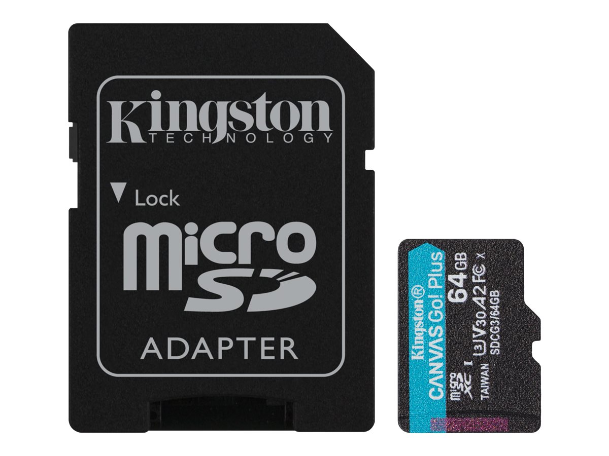 Kingston Canvas Go! Plus - Carte mémoire flash (adaptateur microSDXC vers SD inclus(e)) - 64 Go - A2 / Video Class V30 / UHS-I U3 / Class10 - microSDXC UHS-I - SDCG3/64GB - Cartes flash