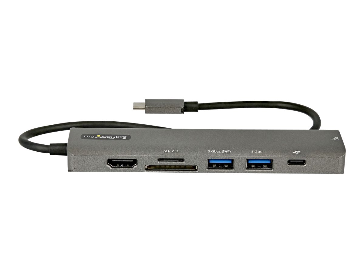 StarTech.com Adaptateur Multiport USB-C - USB Type C vers HDMI 2.0 4K 60Hz, Alimentation 100W Passthrough, SD/MicroSD, Hub 2 Ports USB 3.0 - GbE - Mini Dock USB-C - Câble Intégré 30cm (DKT30CHSDPD) - Station d'accueil - USB-C / Thunderbolt 3 - HDMI - 1GbE - DKT30CHSDPD1 - Stations d'accueil pour ordinateur portable