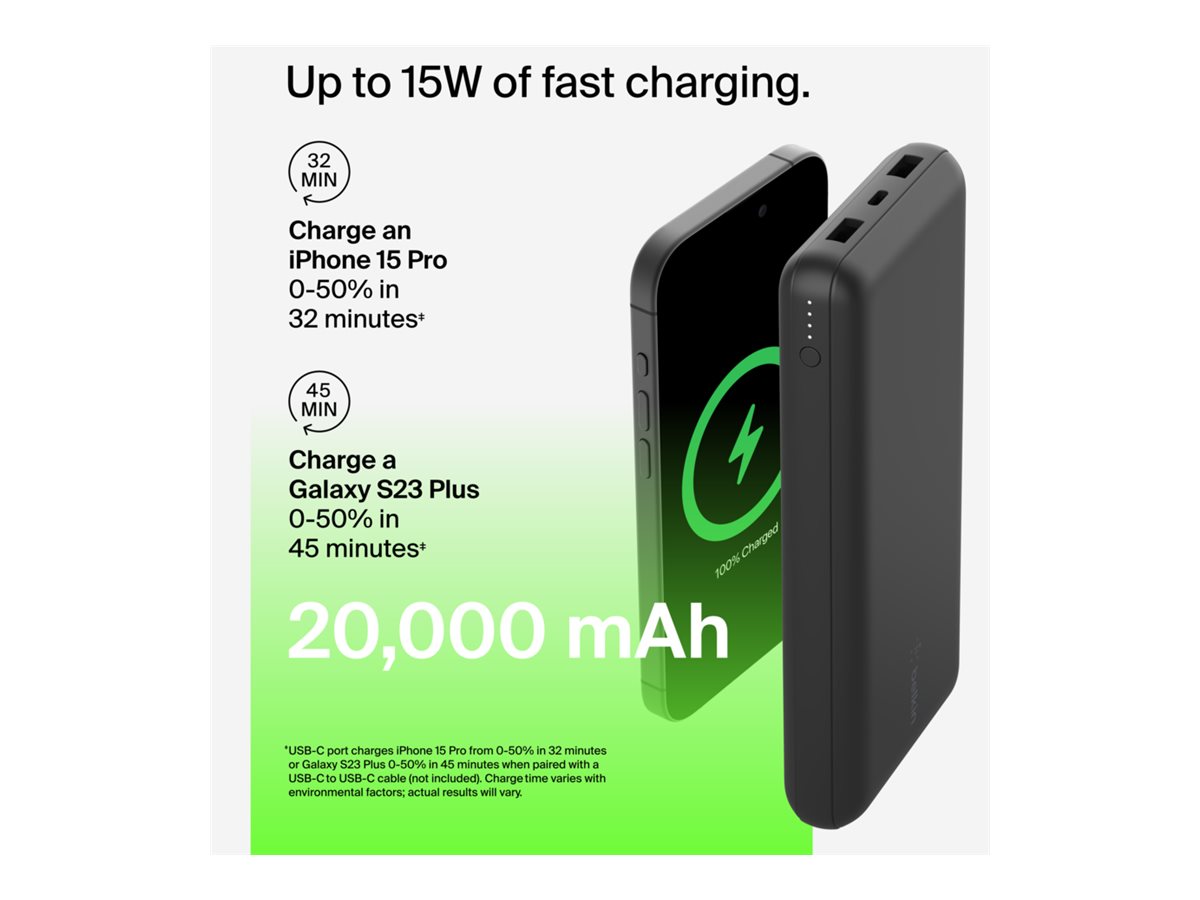 Belkin BOOST CHARGE - Banque d'alimentation - 20000 mAh - 15 Watt - 3 A - 3 connecteurs de sortie (24 pin USB-C, 2 x USB) - sur le câble : USB-C - noir - BPB012BTBK - Adaptateurs électriques et chargeurs