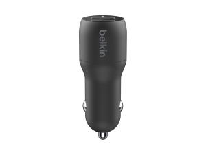 Belkin BOOST CHARGE Double chargeur - Adaptateur d'alimentation pour voiture - 24 Watt - 4.8 A - 2 connecteurs de sortie (USB) - sur le câble : USB-C - noir - CCE001BT1MBK - Batteries et adaptateurs d'alimentation pour téléphone cellulaire