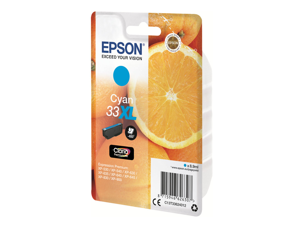 Epson 33XL - 8.9 ml - XL - cyan - original - emballage coque avec alarme radioélectrique/ acoustique - cartouche d'encre - pour Expression Home XP-635, 830; Expression Premium XP-530, 540, 630, 635, 640, 645, 830, 900 - C13T33624022 - Cartouches d'encre Epson