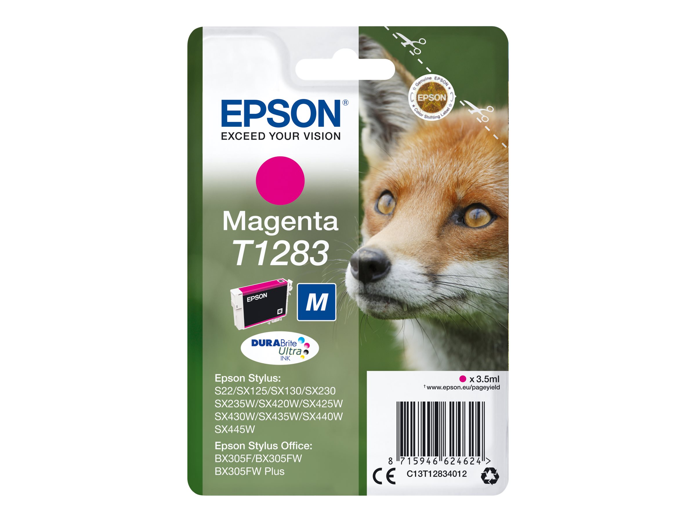 Epson T1283 - Taille M - magenta - original - emballage coque avec alarme radioélectrique/ acoustique - cartouche d'encre - pour Stylus S22, SX230, SX235, SX420, SX430, SX435, SX438, SX440, SX445; Stylus Office BX305 - C13T12834022 - Cartouches d'encre Epson