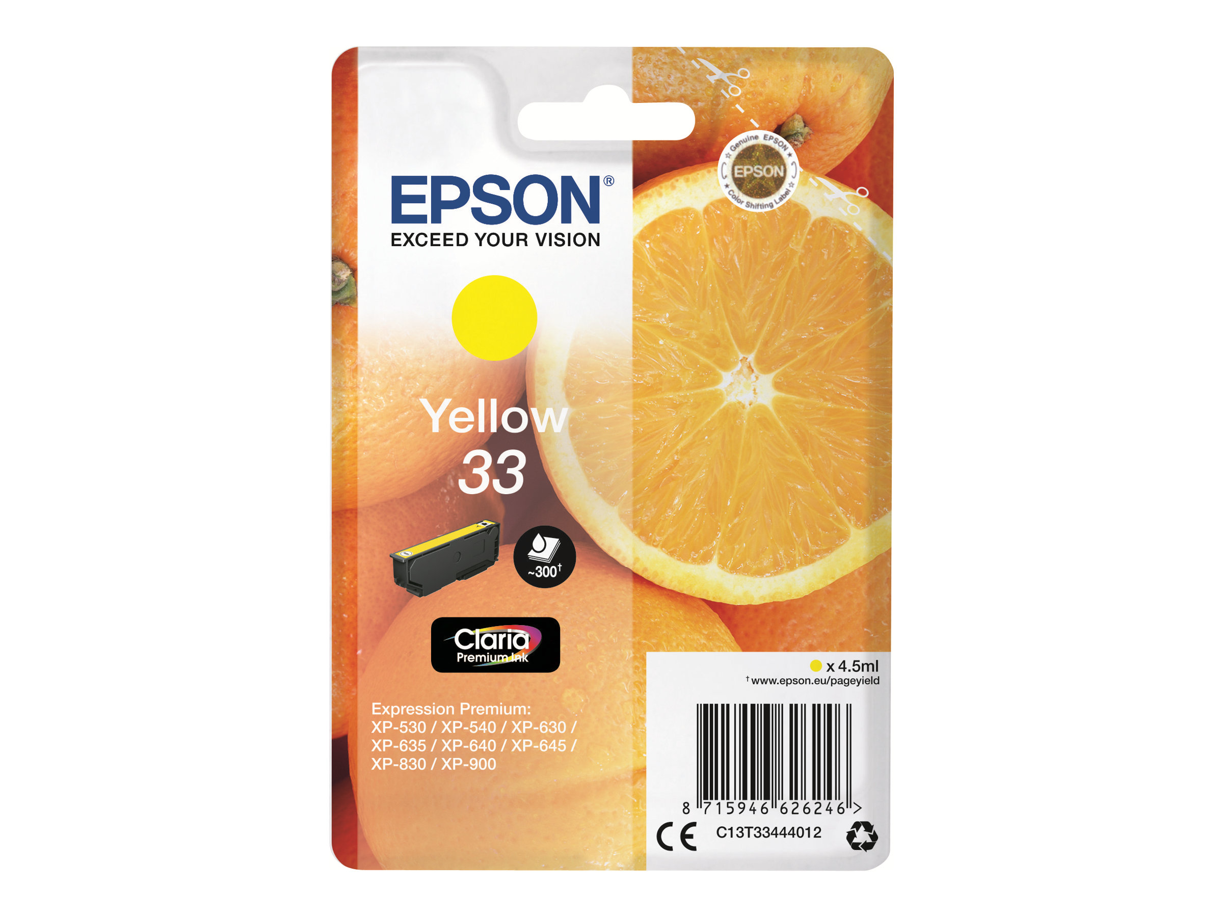 Epson 33 - 4.5 ml - jaune - original - blister - cartouche d'encre - pour Expression Home XP-635, 830; Expression Premium XP-530, 540, 630, 635, 640, 645, 830, 900 - C13T33444012 - Cartouches d'imprimante