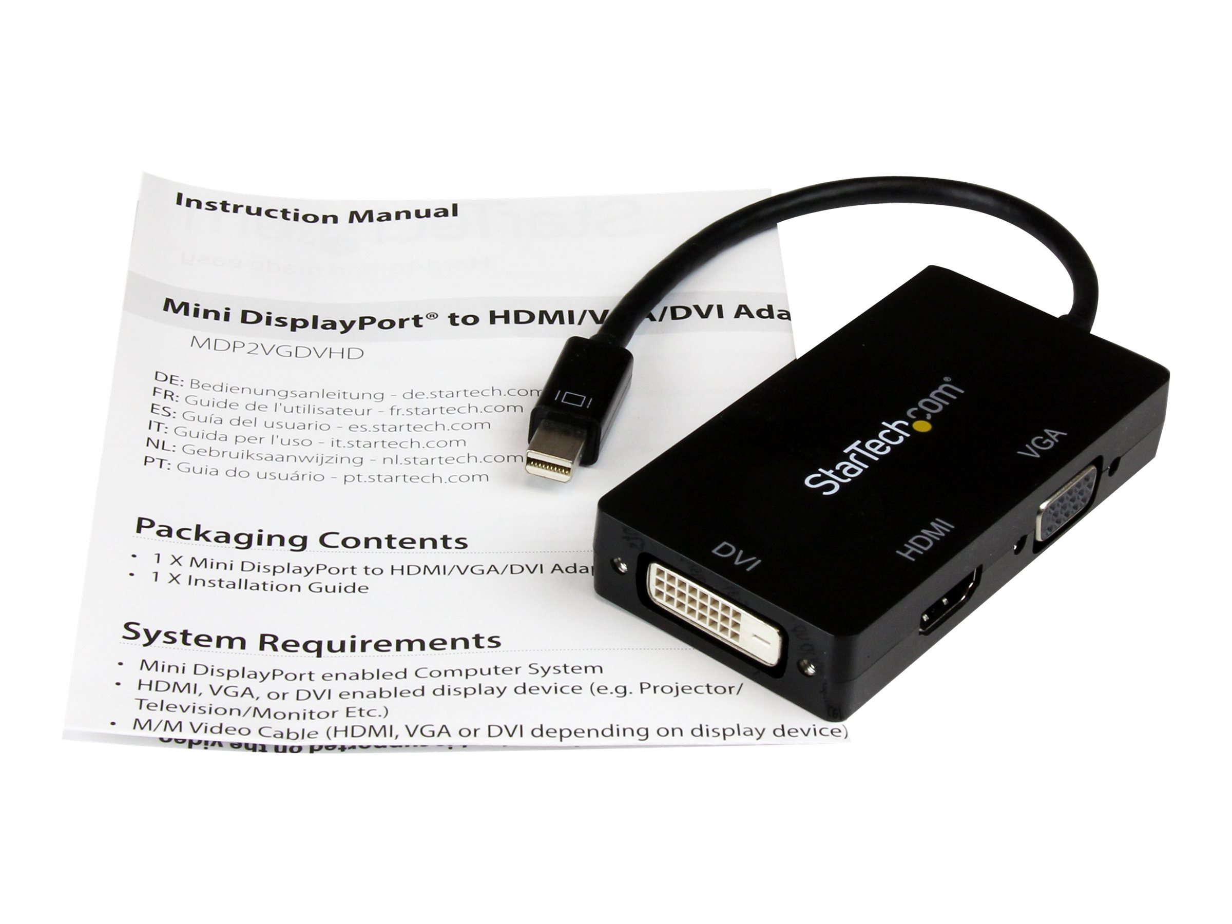 StarTech.com Adaptateur Mini DisplayPort 3 en 1 - 1080p - Répartiteur Mini DP / Thunderbolt vers HDMI / VGA / DVI pour Votre Moniteur (MDP2VGDVHD) - Adaptateur vidéo - Mini DisplayPort mâle pour HD-15 (VGA), DVI-D, HDMI femelle - 27 cm - noir - actif, support 1920 x 1200 (WUXGA) - pour P/N: DKT31CMDPHPD - MDP2VGDVHD - Câbles HDMI