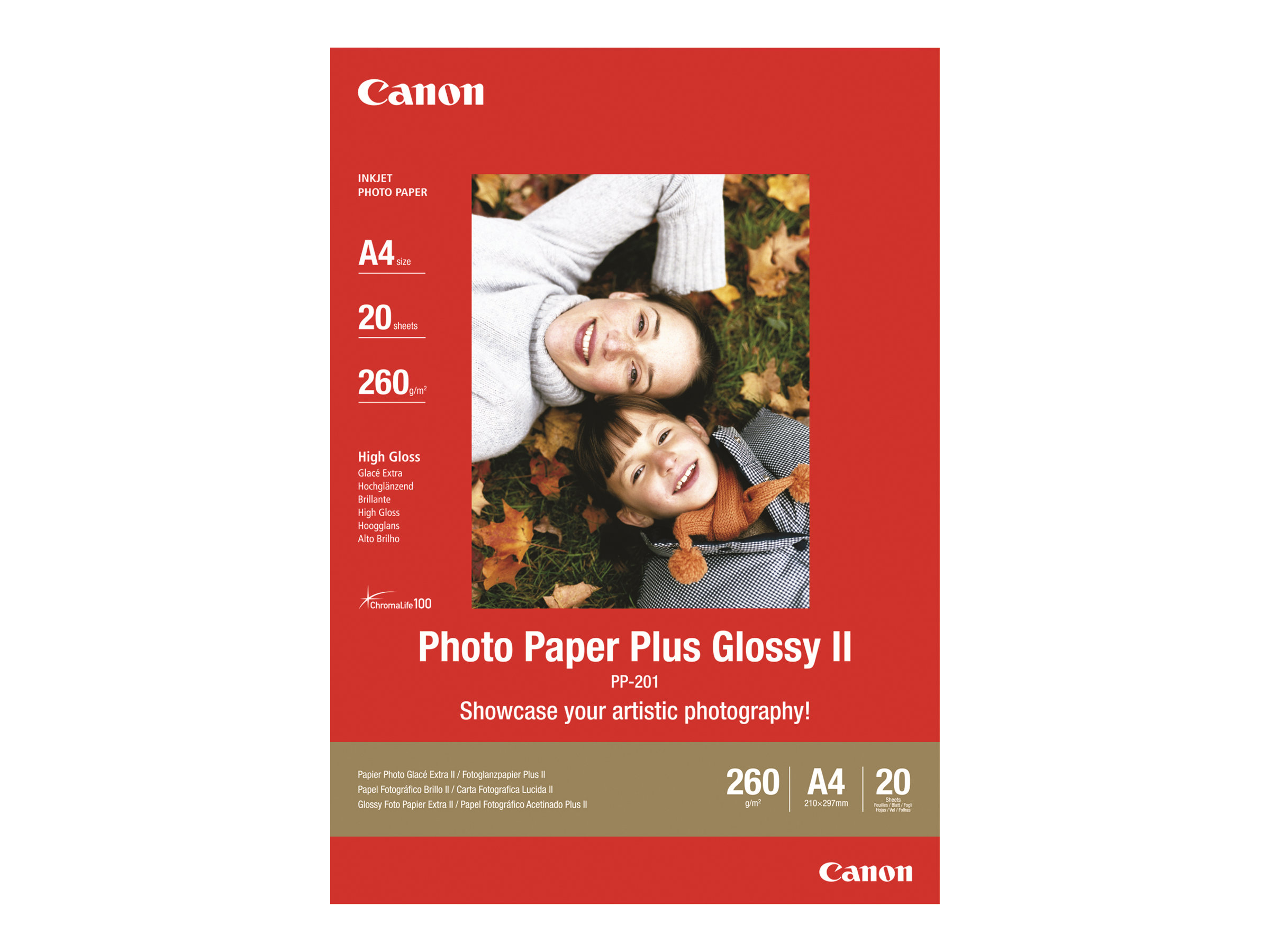 Canon Photo Paper Plus Glossy II PP-201 - Brillant - A4 (210 x 297 mm) - 275 g/m² - 20 feuille(s) papier photo - pour PIXMA iP100, iP2600, iP2700, iX7000, MG2555, MG8250, MX850, PRO-1, PRO-10, 100, TS7450 - 2311B019 - Papier photo