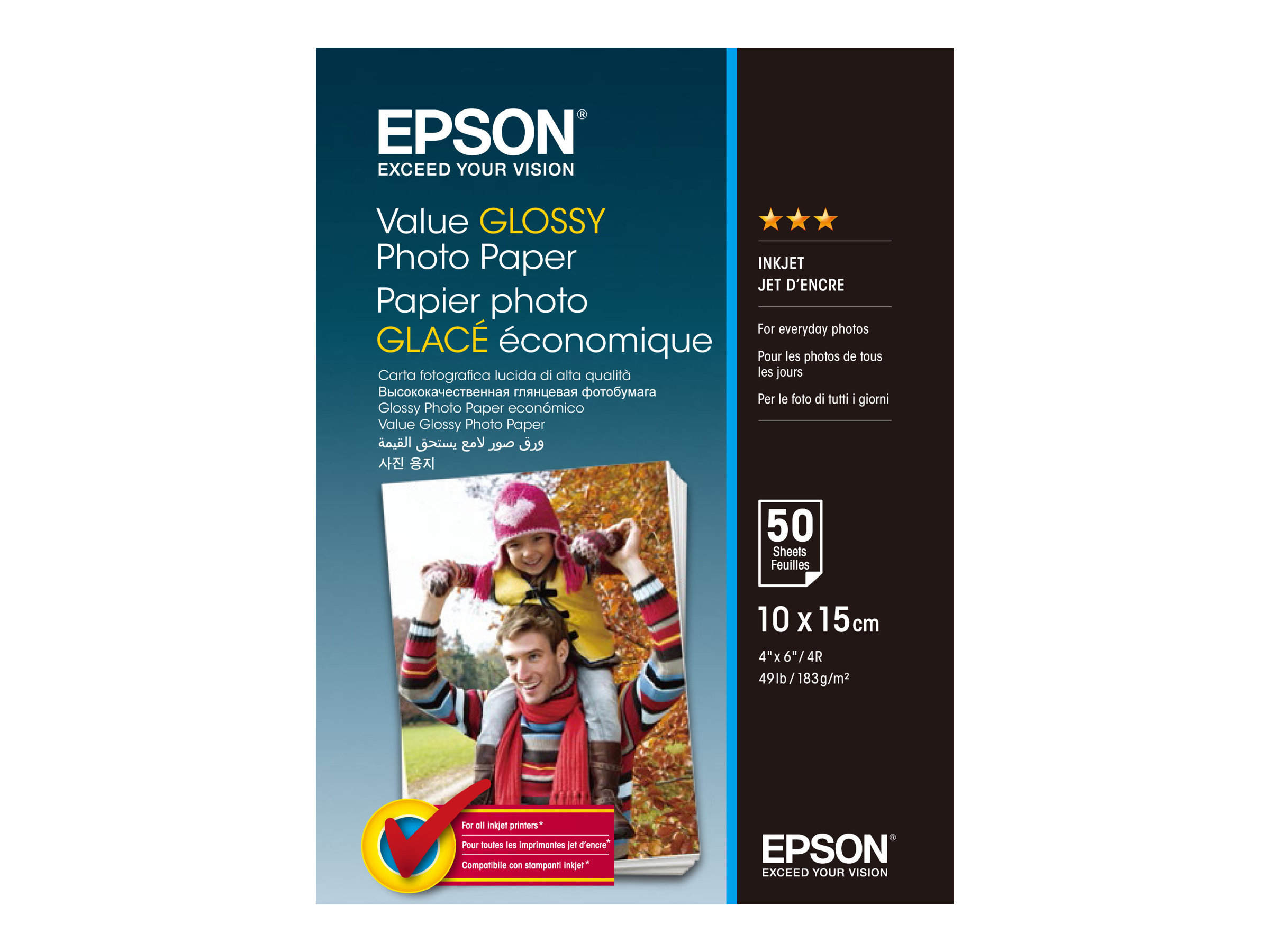 Epson Value - Brillant - 100 x 150 mm - 183 g/m² - 50 feuille(s) papier photo - pour Epson L382, L386, L486; Expression Home HD XP-15000; Expression Premium XP-900 - C13S400038 - Autres consommables et kits d'entretien pour imprimante