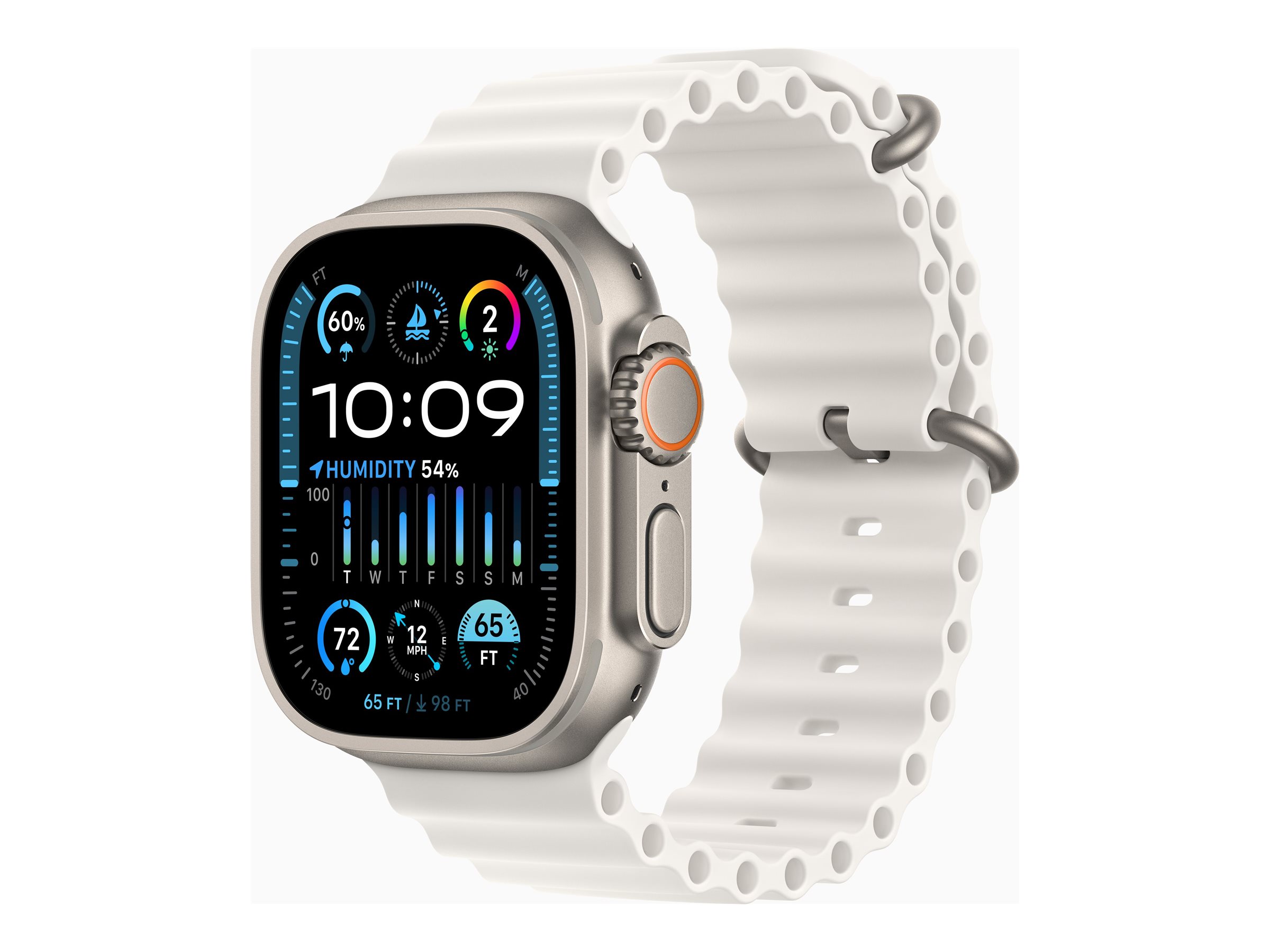 Apple Watch Ultra 2 - 49 mm - titane - montre intelligente avec Bracelet Océan - fluoroélastomère - blanc - taille du poignet : 130-200 mm - 64 Go - Wi-Fi, LTE, UWB, Bluetooth - 4G - 61.4 g - MREJ3NF/A - Montres intelligentes
