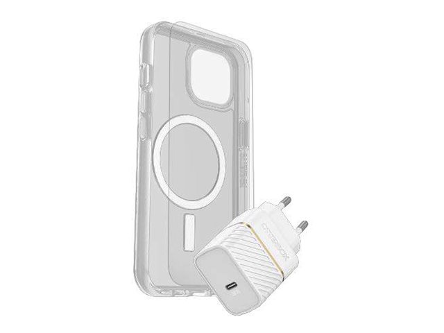 OtterBox Symmetry Series - Coque de protection pour téléphone portable - compatibilité avec MagSafe - clair - avec protection d'écran en verre de qualité supérieure et chargeur mural à charge rapide USB-C 30W - pour Apple iPhone 15 - 78-81252 - Coques et étuis pour téléphone portable