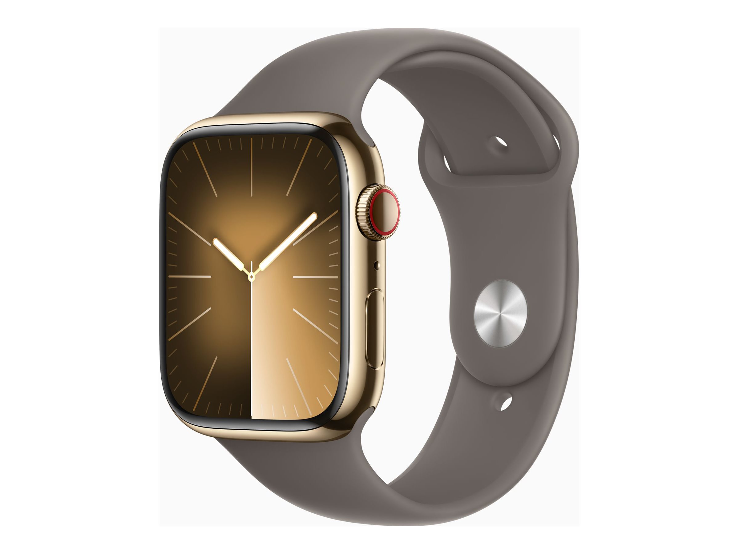 Apple Watch Series 9 (GPS + Cellular) - 45 mm - acier inoxydable doré - montre intelligente avec bande sport - fluoroélastomère - argile - taille du bracelet : S/M - 64 Go - Wi-Fi, LTE, UWB, Bluetooth - 4G - 51.5 g - MRMR3QF/A - Montres intelligentes