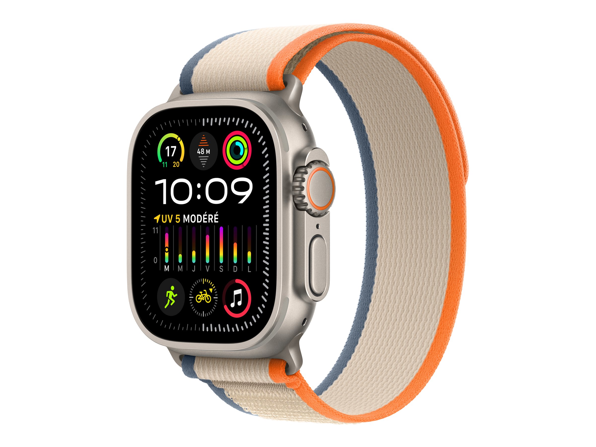 Apple Watch Ultra 2 - 49 mm - titane - montre intelligente avec Boucle Trail - tissage en nylon - orange/beige - taille du bracelet : S/M - 64 Go - Wi-Fi, LTE, UWB, Bluetooth - 4G - 61.4 g - MRF13NF/A - Montres intelligentes