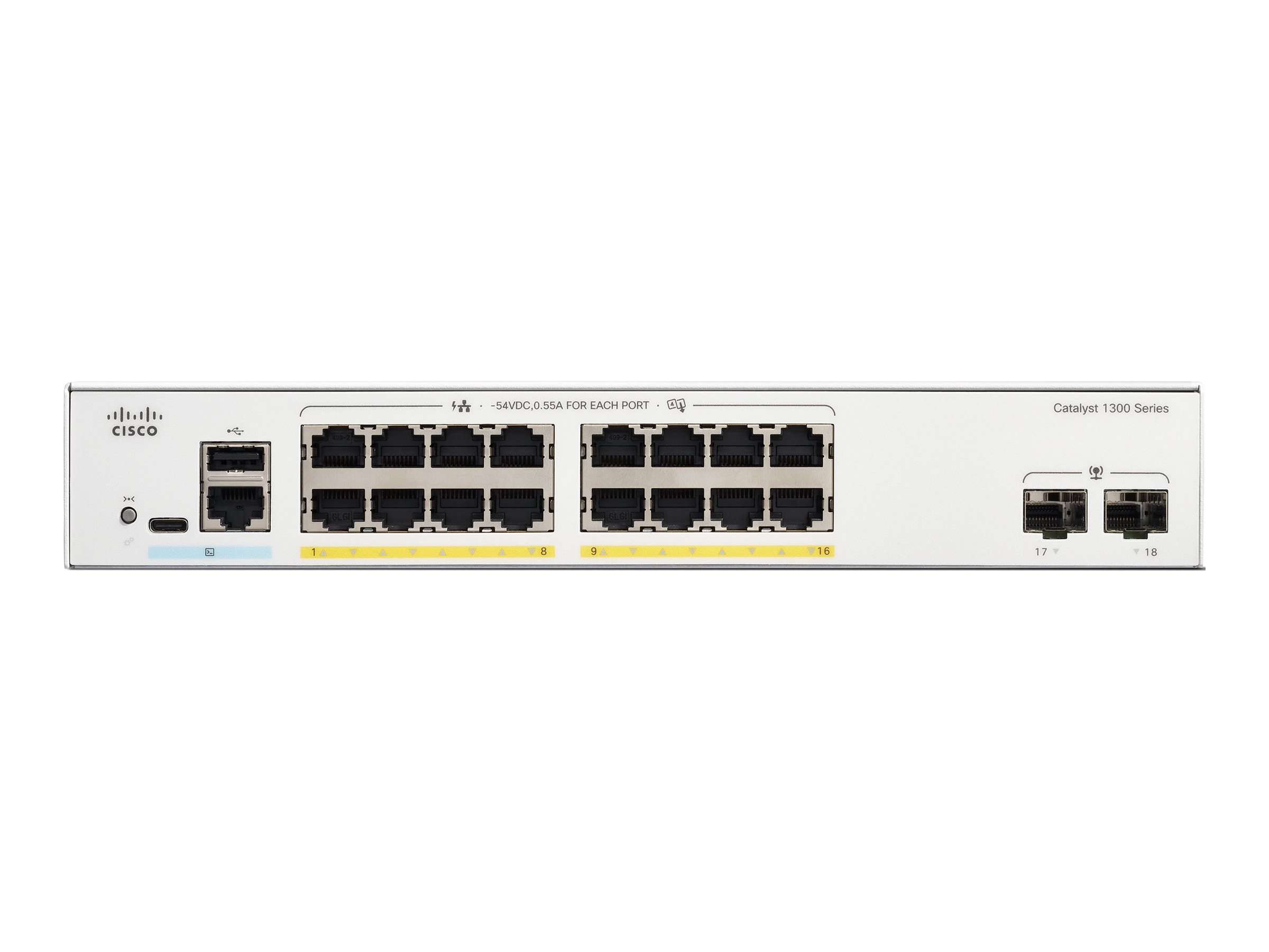 Cisco Catalyst 1300-16FP-2G - Commutateur - C3 - Géré - 16 x 10/100/1000 (PoE+) + 2 x Gigabit Ethernet SFP - Montable sur rack - PoE+ (240 W) - C1300-16FP-2G - Concentrateurs et commutateurs gigabit