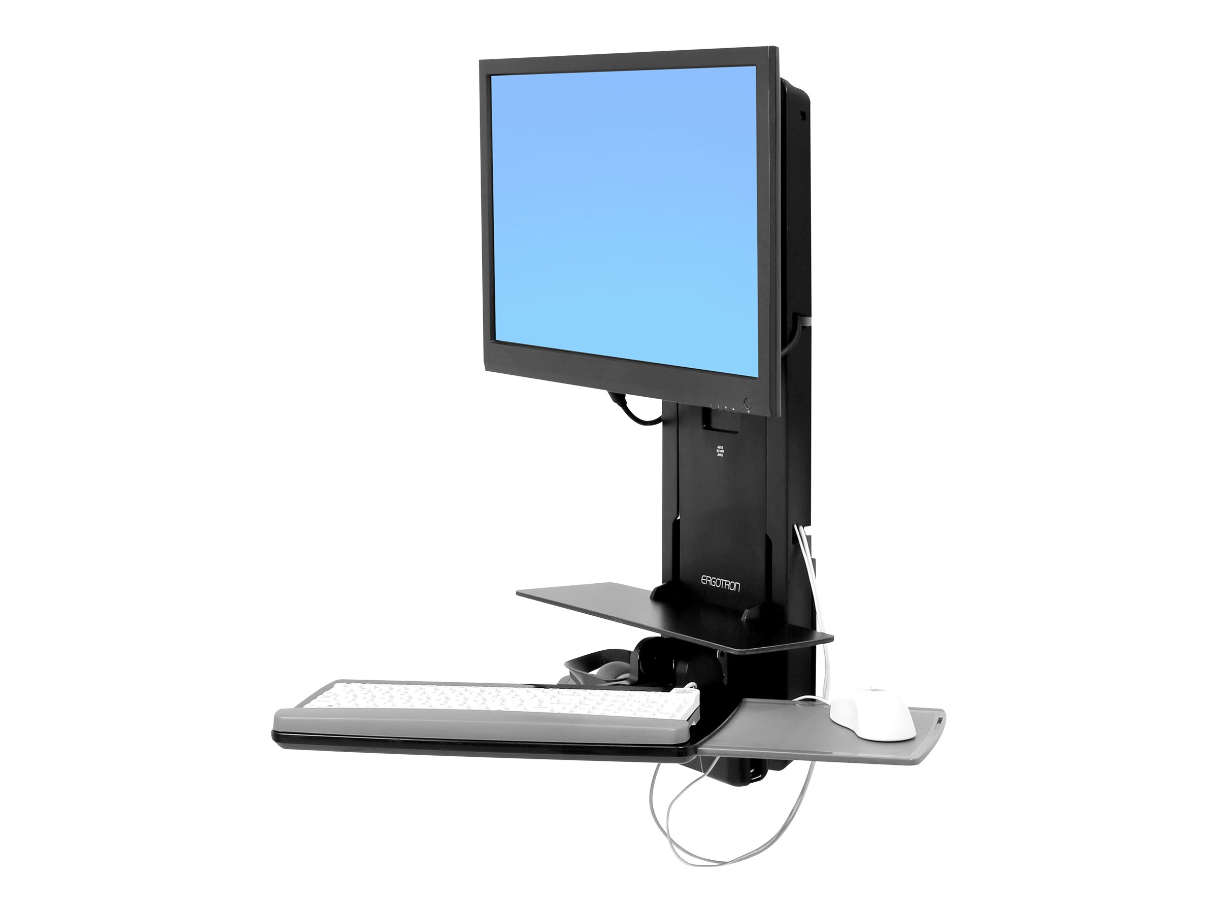 Ergotron Sit-Stand Vertical Lift, Patient Room - Kit de montage (repose-poignets, pochette pour souris, levage vertical du panneau, support de lecteur de codes à barres, tiroir à clavier, bras pour moniteur, plateau de souris coulissant) - pour écran LCD/équipement PC - médical - noir - Taille d'écran : 24" - montable sur mur - 61-080-085 - Accessoires pour écran