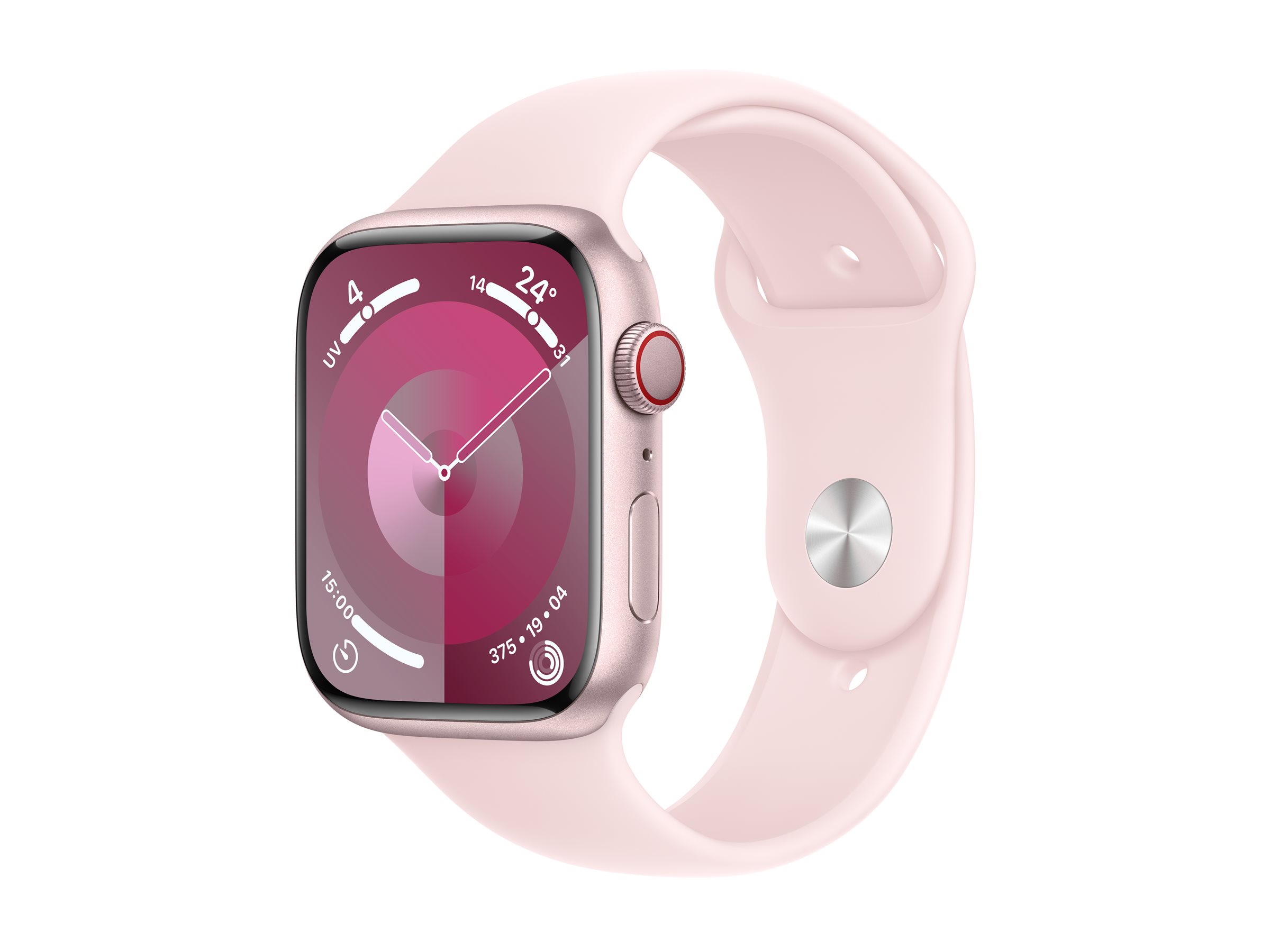 Apple Watch Series 9 (GPS + Cellular) - 45 mm - aluminium rose - montre intelligente avec bande sport - fluoroélastomère - rose pâle - taille du bracelet : M/L - 64 Go - Wi-Fi, LTE, UWB, Bluetooth - 4G - 39 g - MRML3QF/A - Montres intelligentes