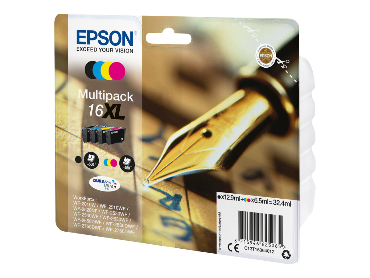 Epson 16XL Multipack - Pack de 4 - XL - noir, jaune, cyan, magenta - original - emballage coque avec alarme radioélectrique - cartouche d'encre - pour WorkForce WF-2010, 2510, 2520, 2530, 2540, 2630, 2650, 2660, 2750, 2760 - C13T16364022 - Cartouches d'encre Epson