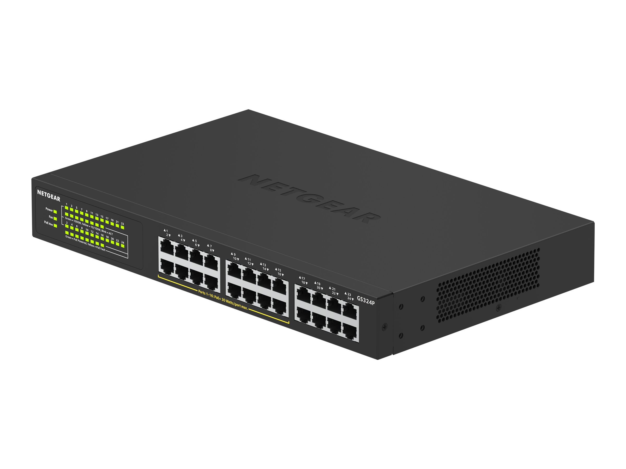 NETGEAR GS324P - Commutateur - non géré - 16 x 10/100/1000 (PoE+) + 8 x 10/100/1000 - de bureau, Montable sur rack - PoE+ (190 W) - GS324P-100EUS - Concentrateurs et commutateurs gigabit