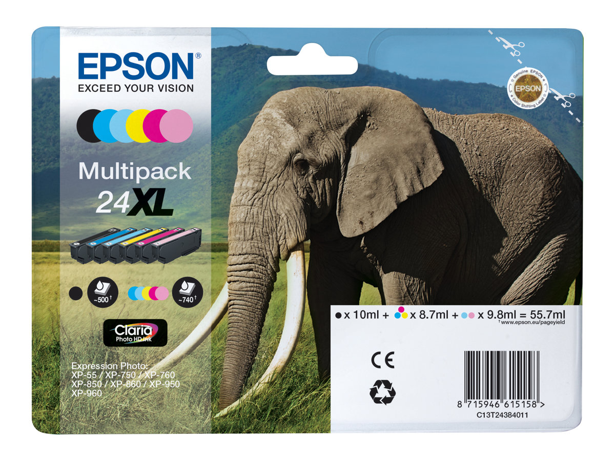 Epson 24XL Multipack - Pack de 6 - 55.7 ml - XL - noir, jaune, cyan, magenta, magenta clair, cyan clair - original - blister - cartouche d'encre - pour Expression Photo XP-55, 750, 760, 850, 860, 950, 960, 970; Expression Premium XP-750, 850 - C13T24384011 - Cartouches d'encre Epson